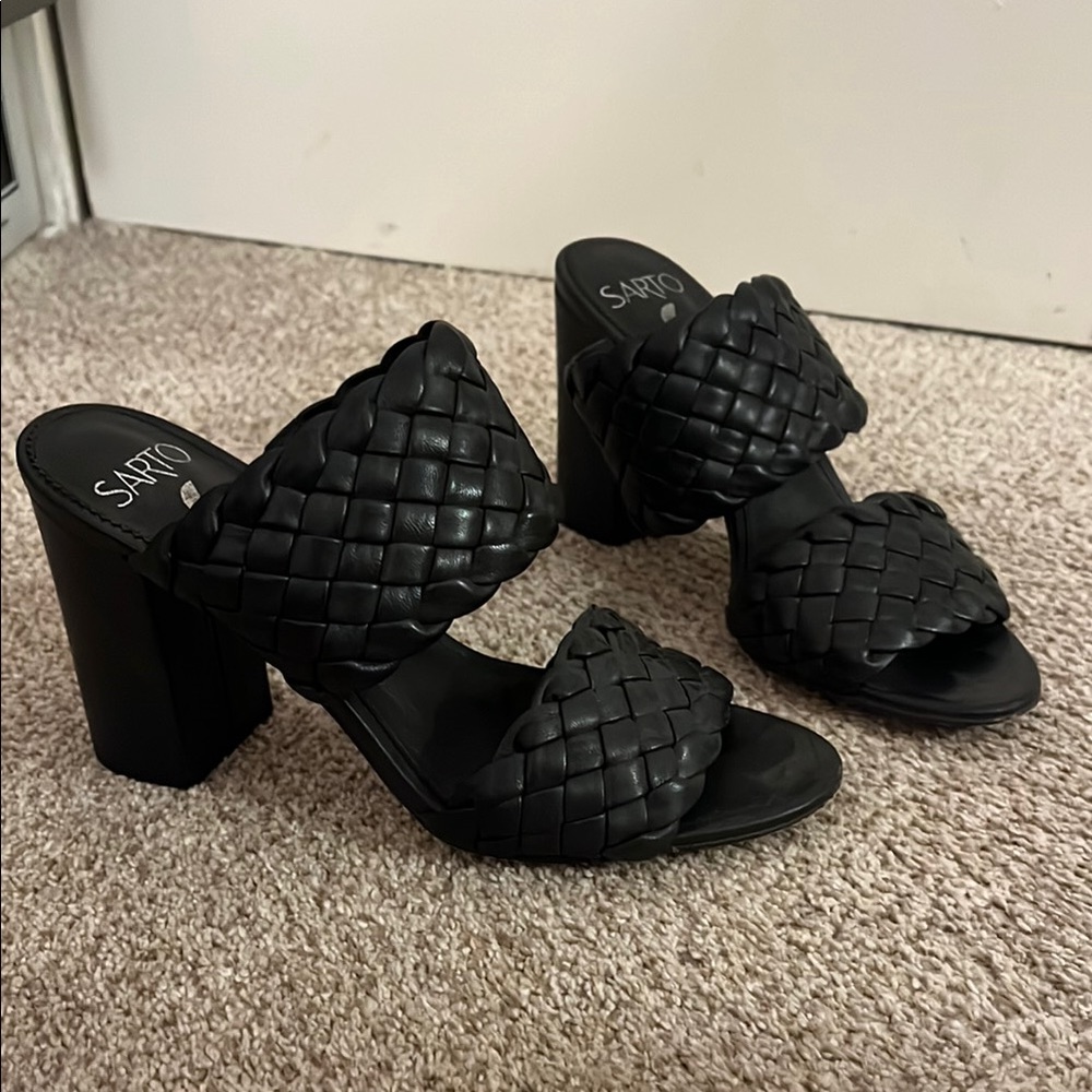 Sarto by Franco Sarto Black Woven Heeled Sandals